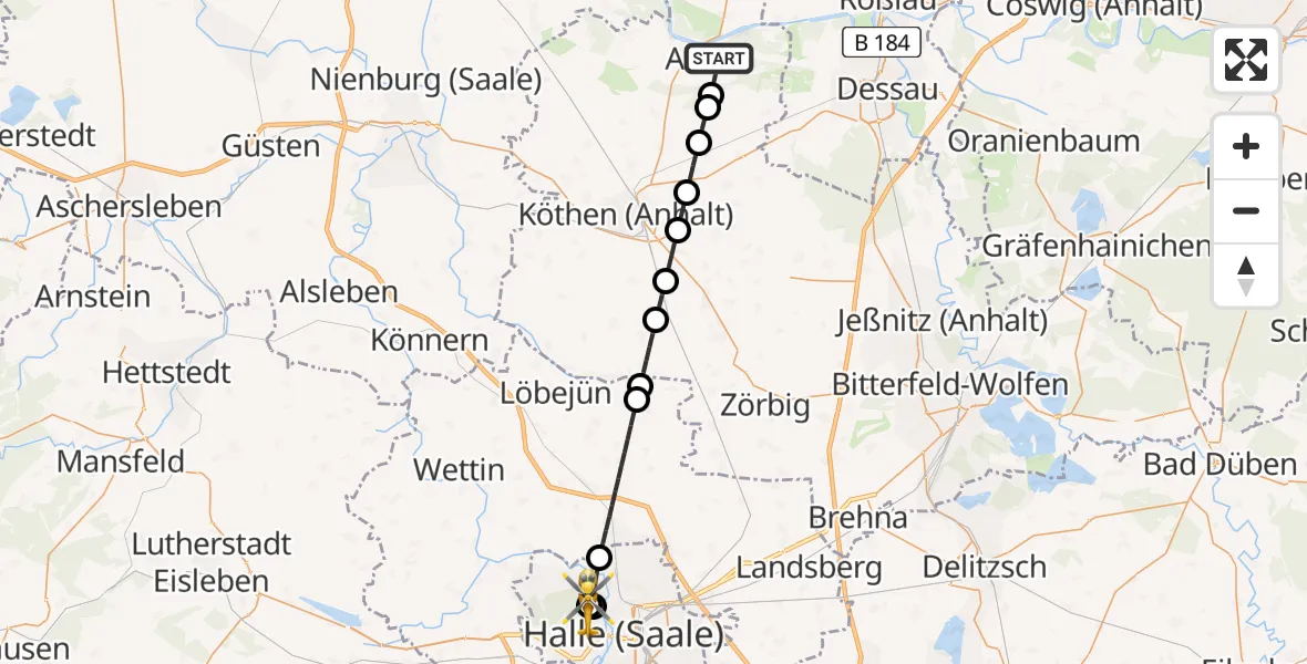 Flugroute Rettungshubschrauber Aken (Elbe) - Halle (Saale) University Hospital, 03 Juli 2026, 10:13