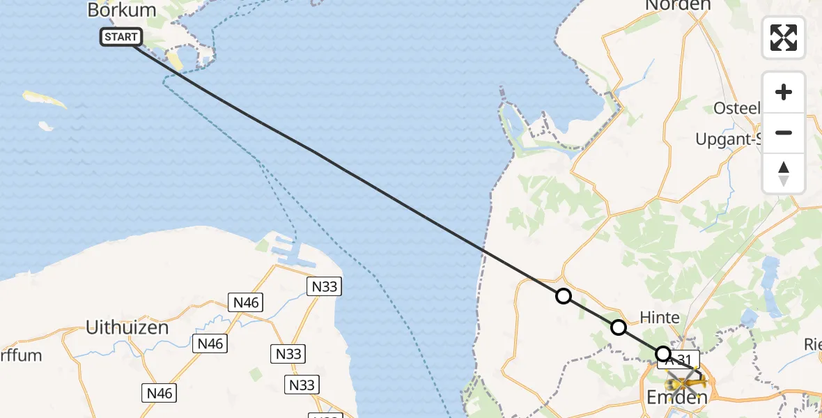 Flugroute Ambulanzhubschrauber Noordzee - Emden, 03 Juli 2026, 10:17