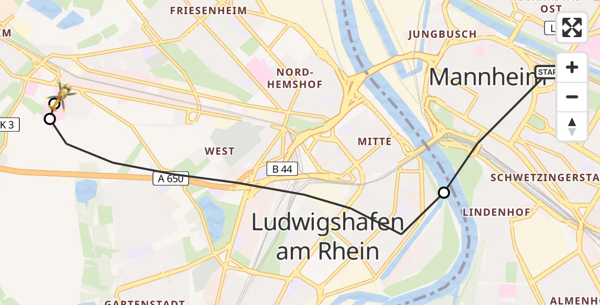 Flugroute Rettungshubschrauber Mannheim - Ludwigshafen Accident Hospital, 03 Juli 2026, 10:17