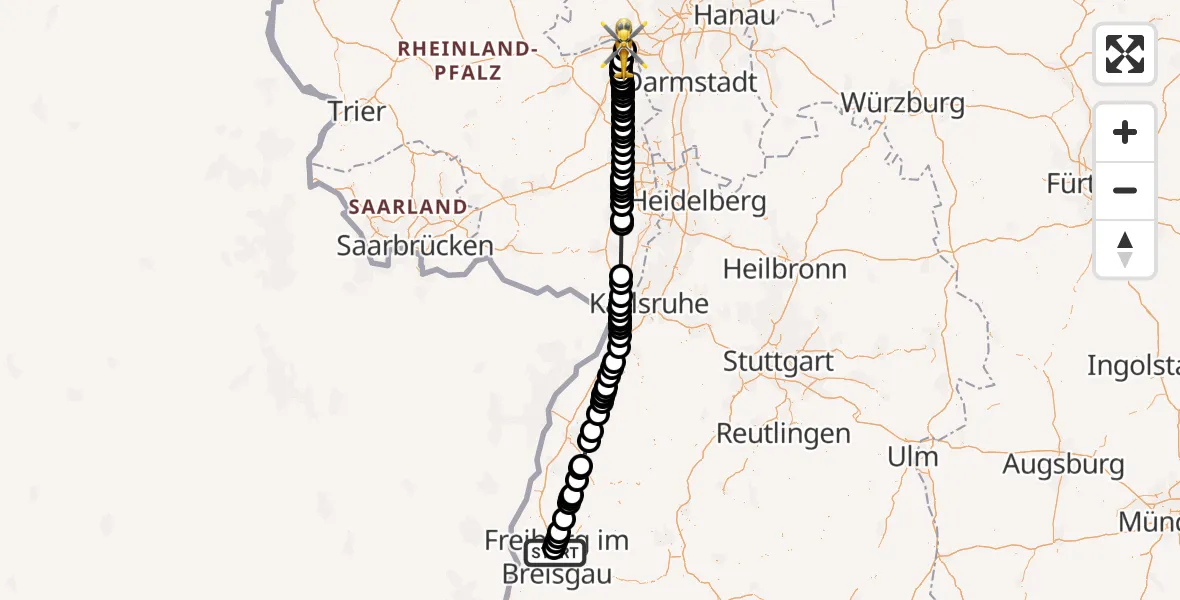 Flugroute Rettungshubschrauber Freiburg im Breisgau Flugplatz - Mainz University Hospital, 03 Juli 2026, 10:20
