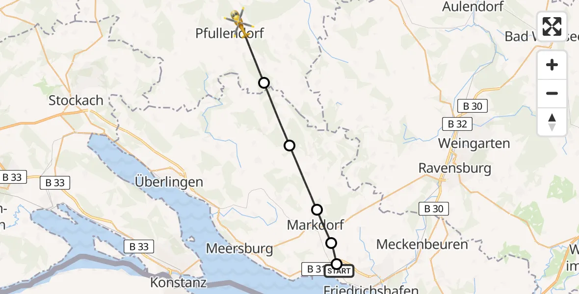 Flugroute Rettungshubschrauber Friedrichshafen Hospital - Pfullendorf, 03 Juli 2026, 10:22