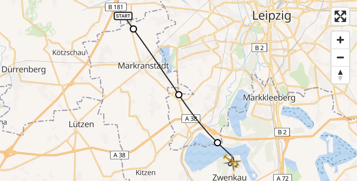 Flugroute Rettungshubschrauber Schkeuditz - Zwenkau, 03 Juli 2026, 10:24
