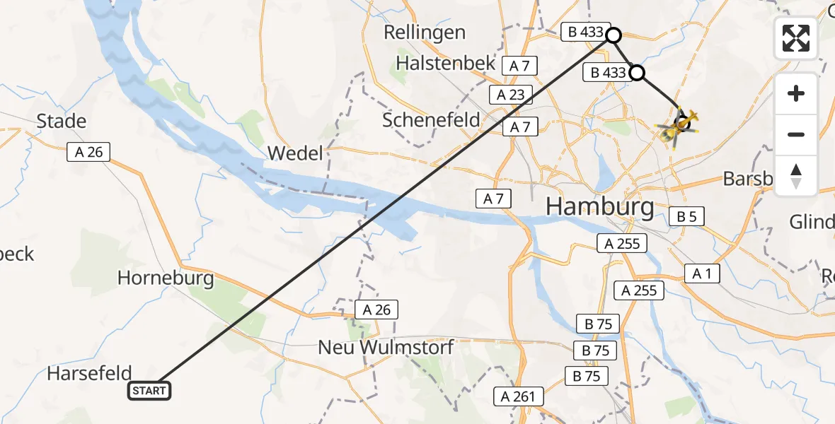 Flugroute Rettungshubschrauber Harsefeld - Hamburg Military Hospital, 03 Juli 2026, 10:28