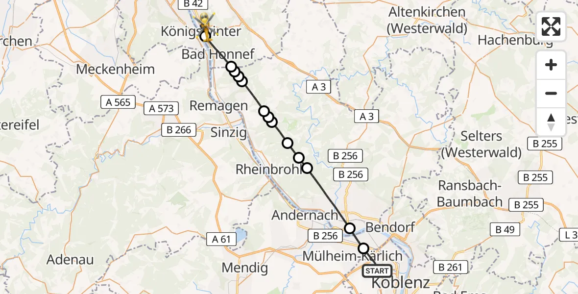 Flugroute Rettungshubschrauber Koblenz - Königswinter, 03 Juli 2026, 10:35
