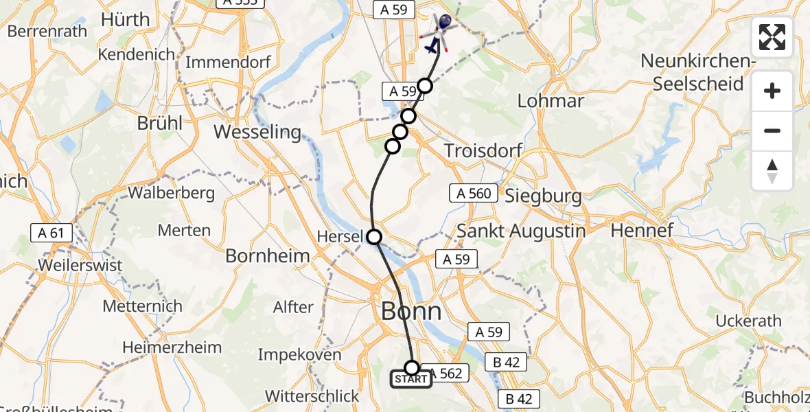 Flugroute Polizeihubschrauber Bonn University Hospital - Köln Bonn Flughafen, 03 Juli 2026, 10:42