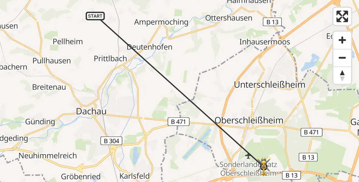 Flugroute Rettungshubschrauber Röhrmoos - Oberschleißheim, 03 Juli 2026, 10:52