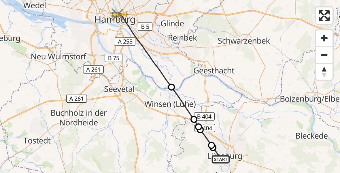 Flugroute Ambulanzhubschrauber Lüneburg - Hamburg, 03 Juli 2026, 11:02