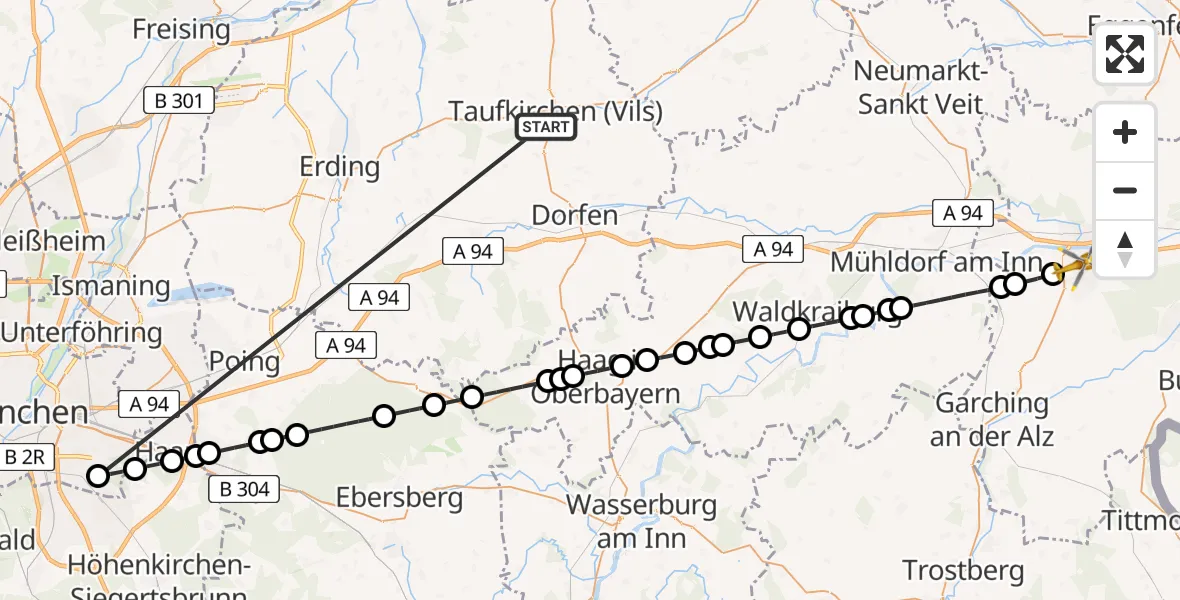 Flugroute Rettungshubschrauber Taufkirchen (Vils) - Altötting-Burghausen District Hospital Altötting Hubschrauberlandeplatz, 03 Juli 2026, 11:02