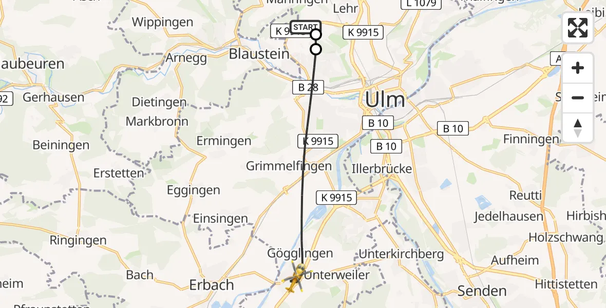 Flugroute Rettungshubschrauber Ulm Military Hospital Emergency - Ulm, 03 Juli 2026, 11:02