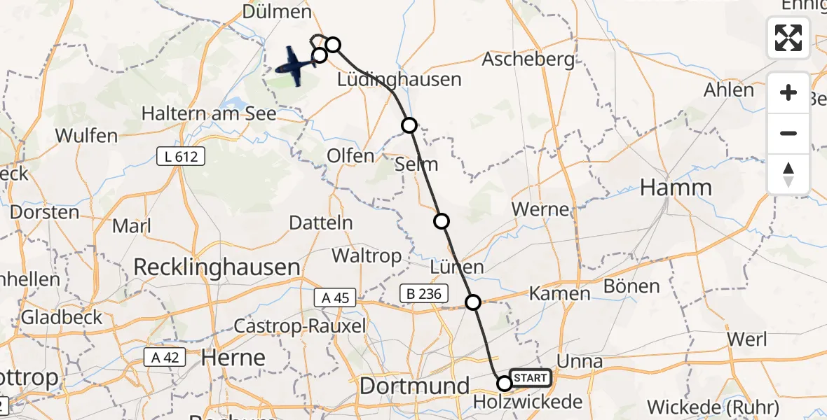 Flugroute Polizeiflugzeug Dortmund Flughafen - Lüdinghausen, 03 Juli 2026, 11:02