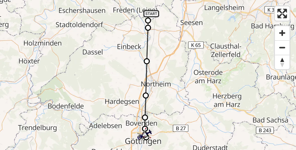 Flugroute Polizeihubschrauber Freden (Leine) - Göttingen University Clinic Hubschrauberlandeplatz, 03 Juli 2026, 11:03