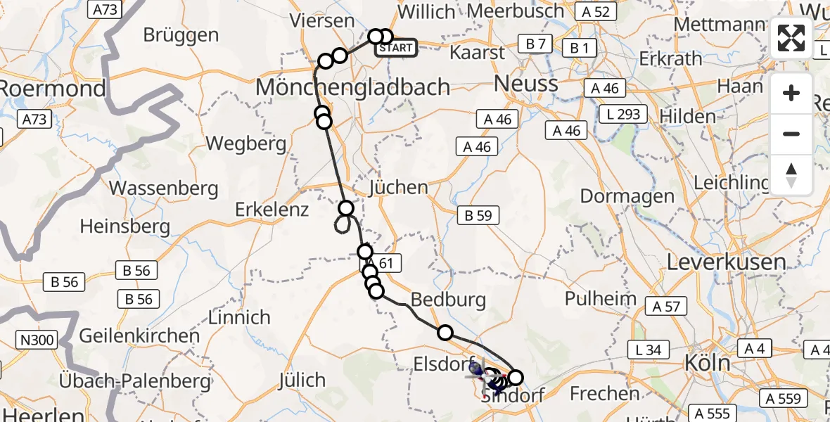Flugroute Polizeihubschrauber Mönchengladbach Flughafen - Elsdorf, 03 Juli 2026, 11:04