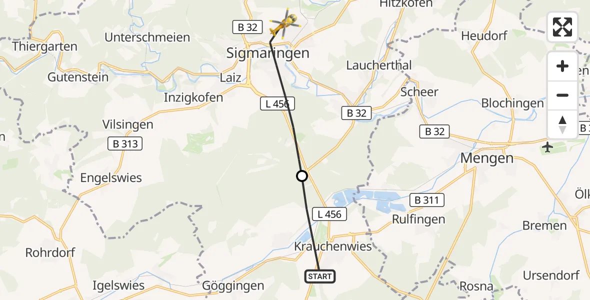 Flugroute Rettungshubschrauber Krauchenwies - Sigmaringen, 03 Juli 2026, 11:06