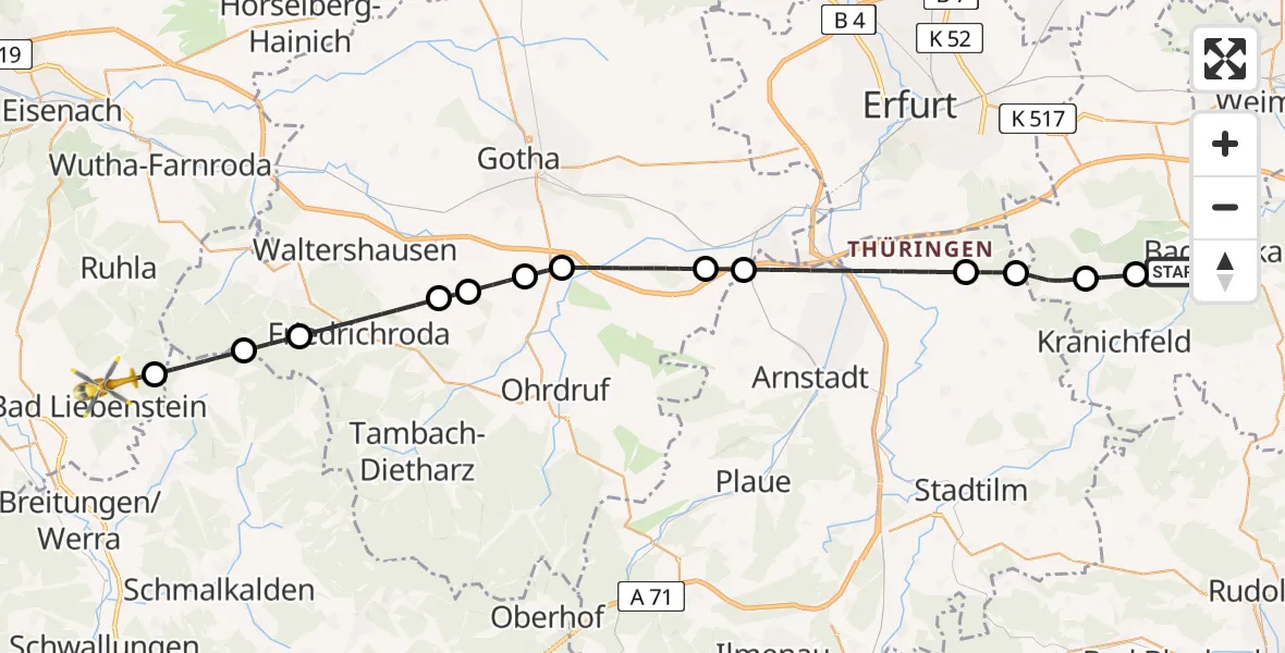 Flugroute Ambulanzhubschrauber Bad Berka - Bad Liebenstein, 03 Juli 2026, 11:09