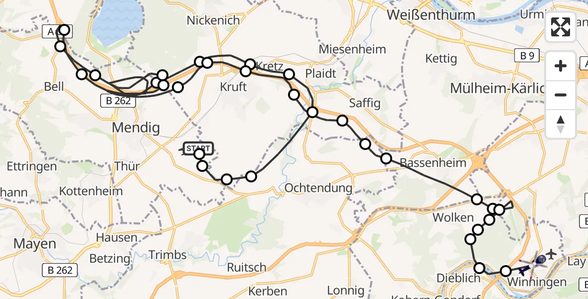 Flugroute Polizeihubschrauber Flugplatz Mendig - Winningen, 03 Juli 2026, 11:10