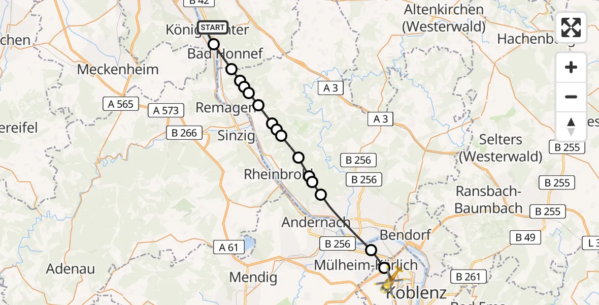 Flugroute Rettungshubschrauber Königswinter - Koblenz, 03 Juli 2026, 11:13