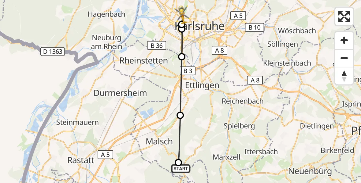 Flugroute Ambulanzhubschrauber Gaggenau - Karlsruhe, 03 Juli 2026, 11:26