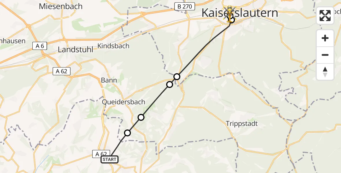 Flugroute Rettungshubschrauber Weselberg - Westpfalz Hospital Kaiserslautern, 03 Juli 2026, 11:27