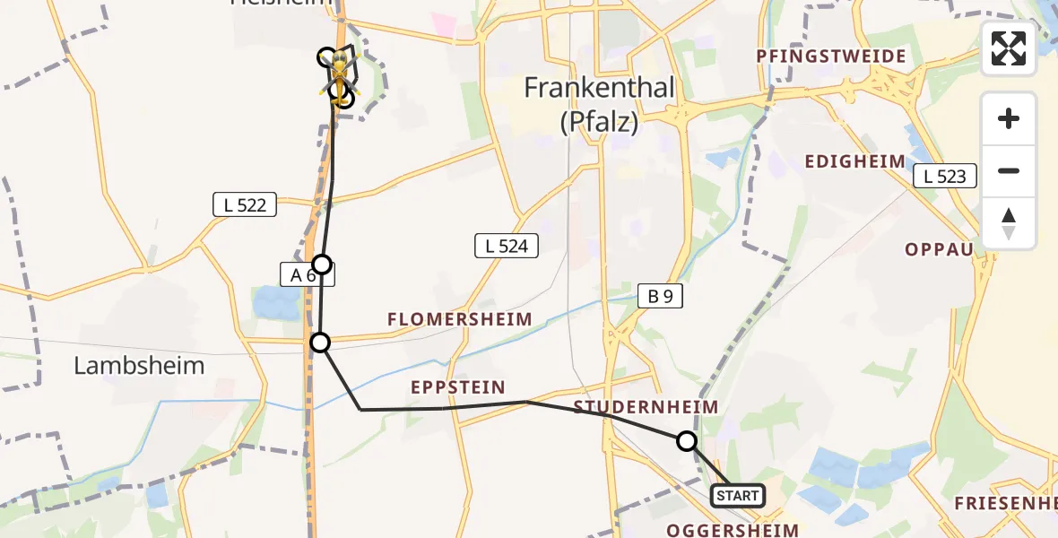 Flugroute Rettungshubschrauber Ludwigshafen am Rhein - Heßheim, 03 Juli 2026, 11:29