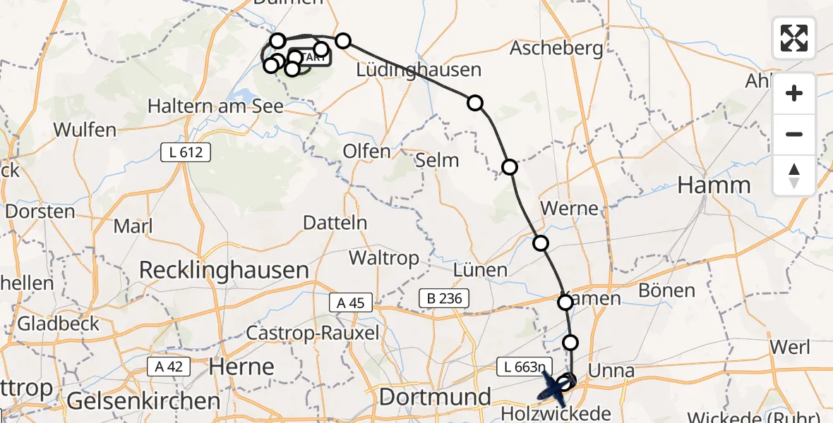 Flugroute Polizeiflugzeug Lüdinghausen - Dortmund Flughafen, 03 Juli 2026, 11:33