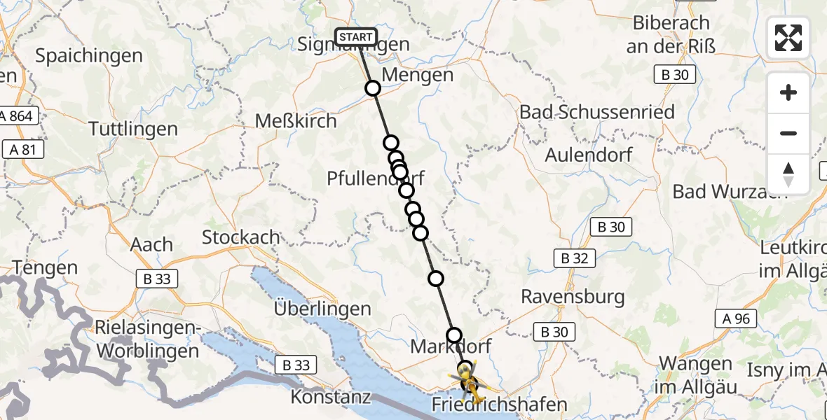 Flugroute Rettungshubschrauber Sigmaringen - Friedrichshafen Hospital, 03 Juli 2026, 11:34