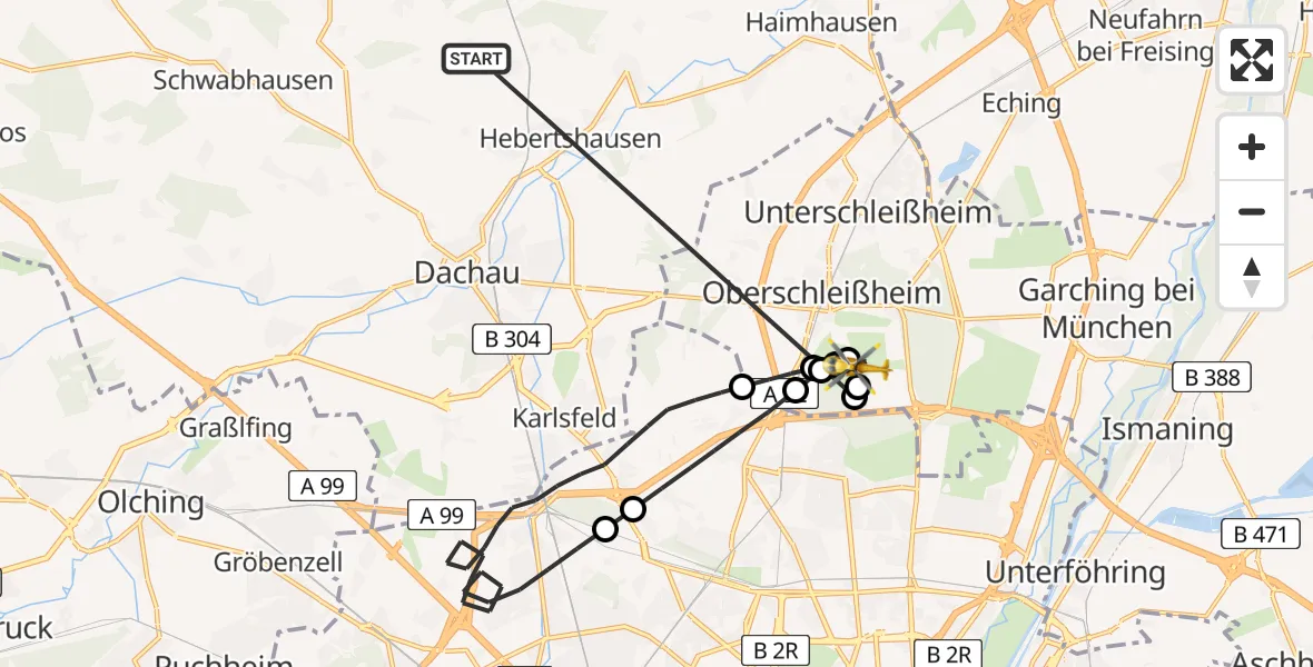 Flugroute Rettungshubschrauber Röhrmoos - Oberschleissheim Hubschrauberlandeplatz, 03 Juli 2026, 11:36