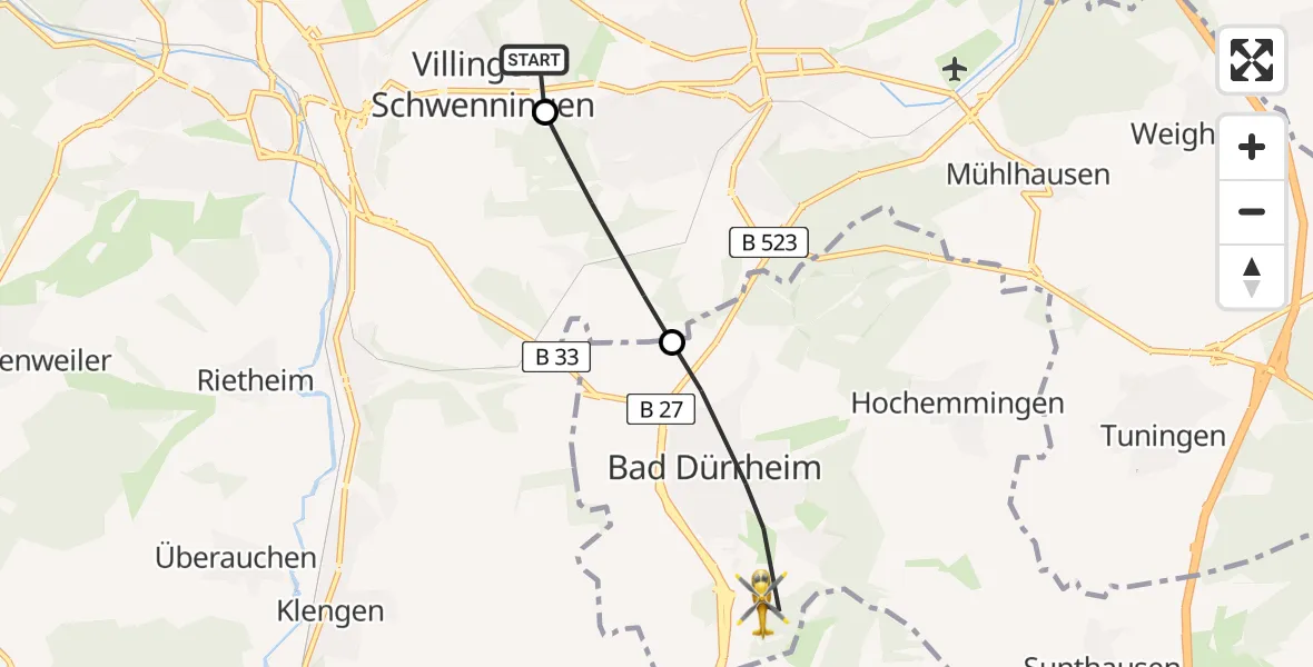 Flugroute Ambulanzhubschrauber DRF Air Rescue Station Villingen-Schwenningen Hubschrauberlandeplatz (Christoph 11) - Bad Dürrheim, 03 Juli 2026, 11:47
