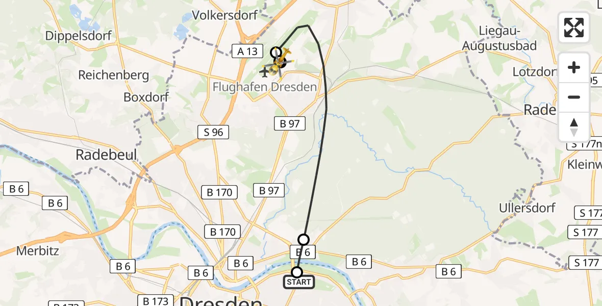 Flugroute Rettungshubschrauber Dresden University Hospital - Dresden Flughafen, 03 Juli 2026, 11:50