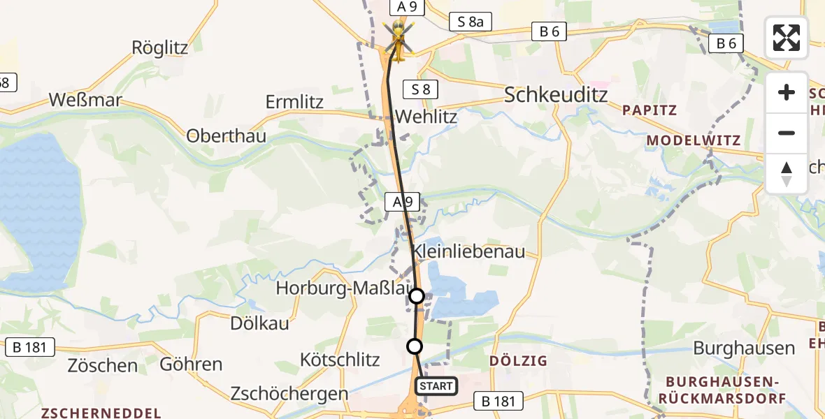Flugroute Rettungshubschrauber ADAC Air Rescue Station Leipzig/Schkeuditz-Dölzig Hubschrauberlandeplatz (Christoph 61) - Schkeuditz, 03 Juli 2026, 11:50
