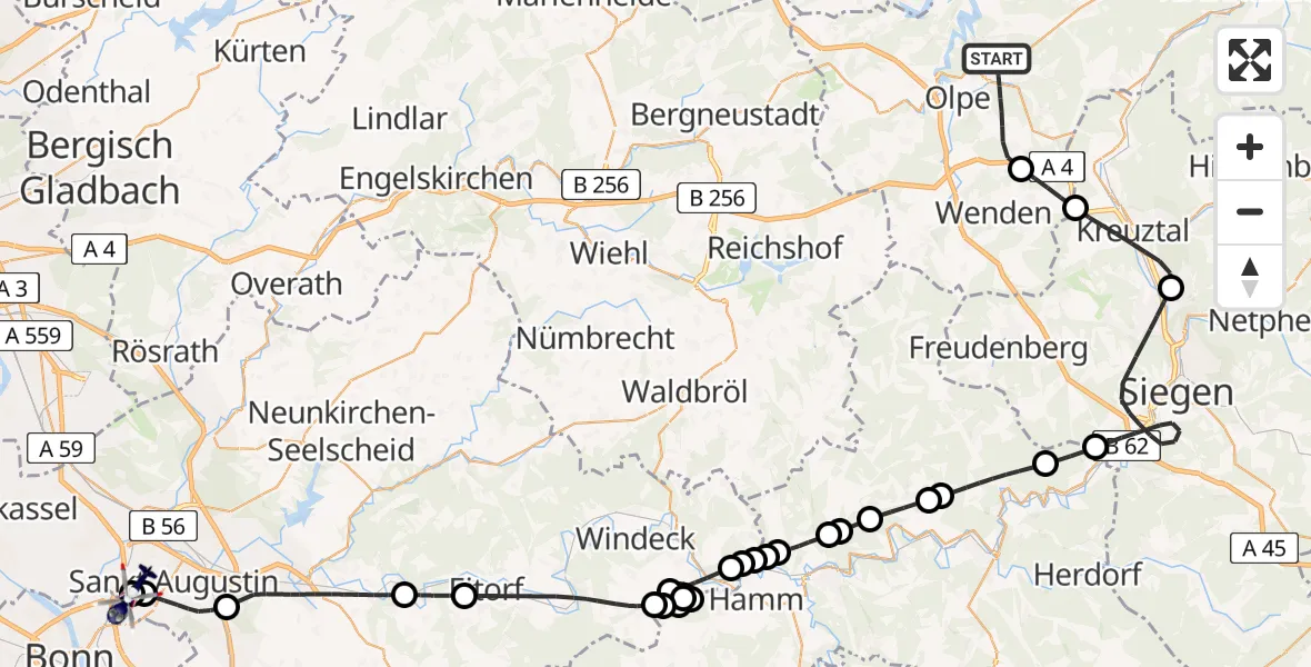 Flugroute Polizeihubschrauber Olpe - Sankt Augustin, 03 Juli 2026, 11:51
