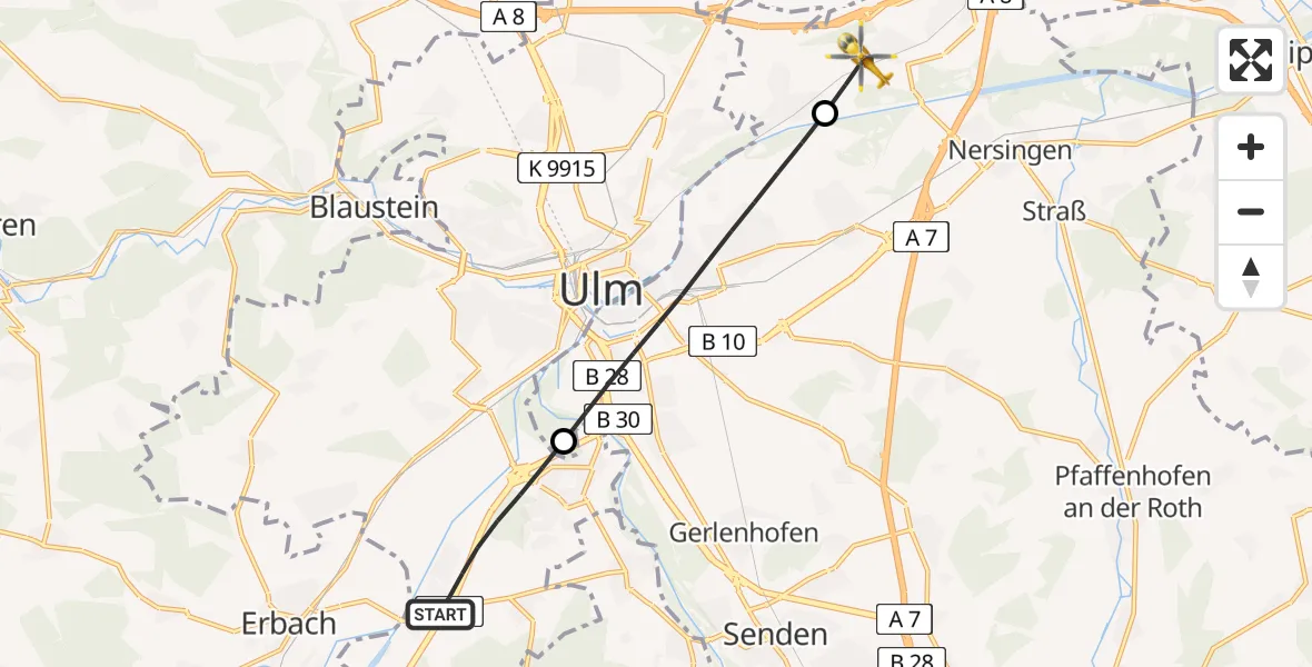 Flugroute Rettungshubschrauber Ulm - Elchingen, 03 Juli 2026, 11:53