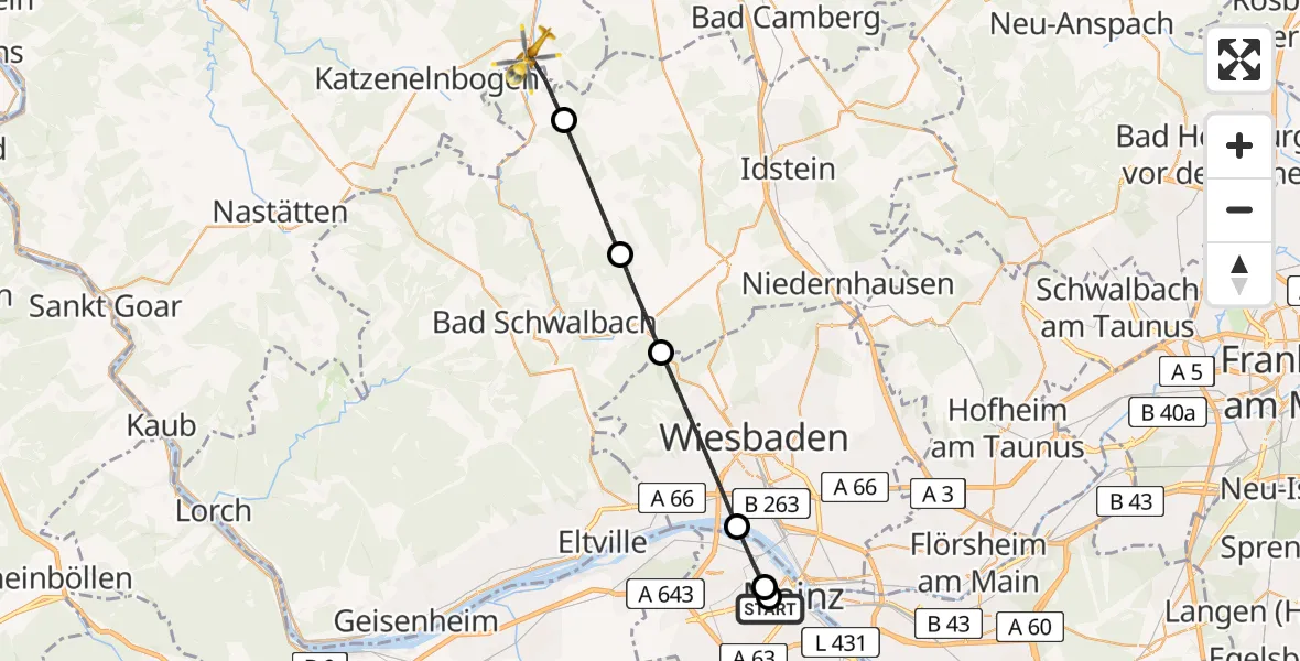 Flugroute Rettungshubschrauber Mainz University Hospital - Schiesheim, 03 Juli 2026, 11:54