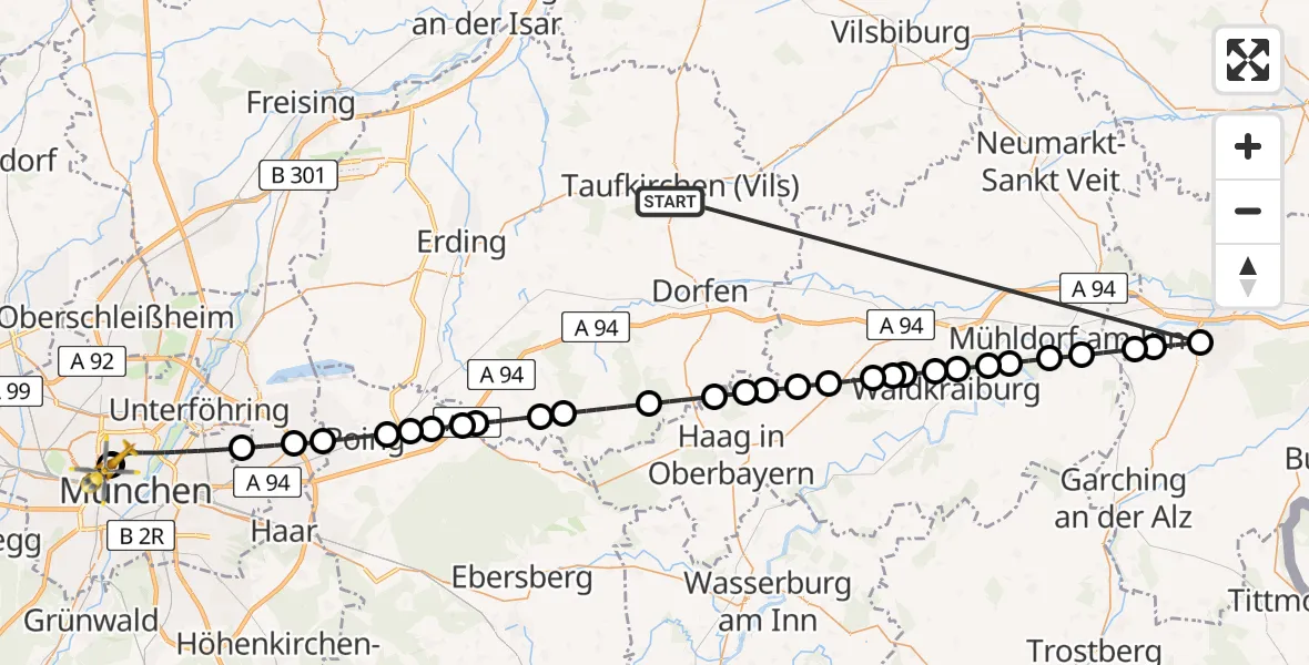 Flugroute Rettungshubschrauber Taufkirchen (Vils) - Deutsches Herzzentrum München, 03 Juli 2026, 11:54