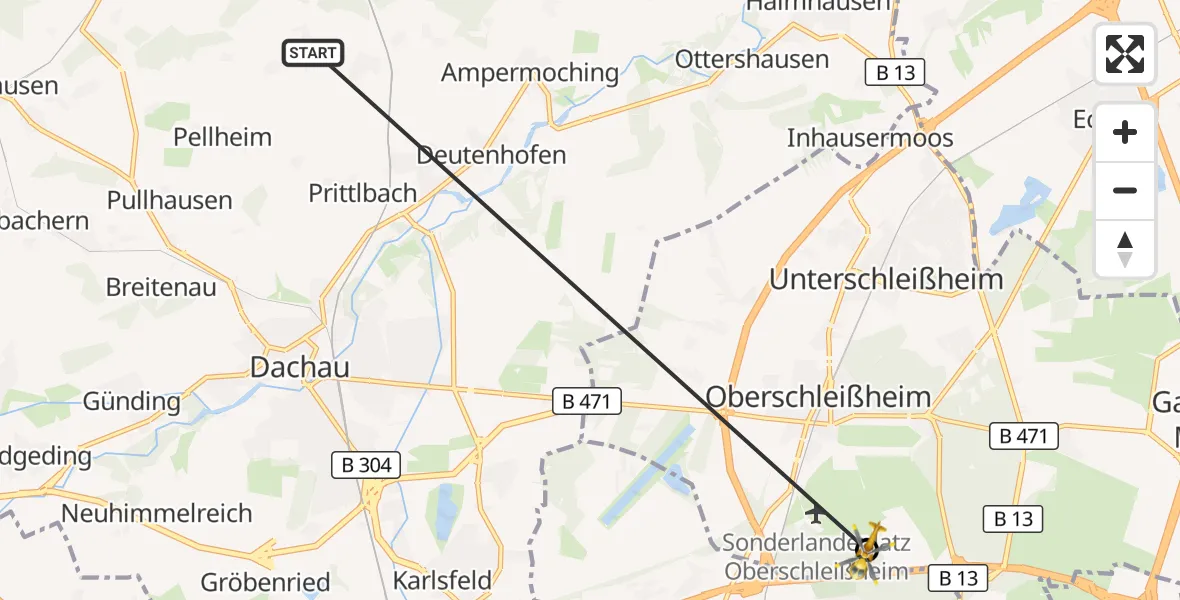 Flugroute Rettungshubschrauber Röhrmoos - Oberschleißheim, 03 Juli 2026, 11:55