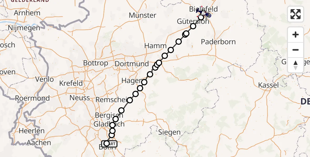 Flugroute Polizeihubschrauber Bonn - Luftrettungszentrum Bielefeld, 03 Juli 2026, 11:57