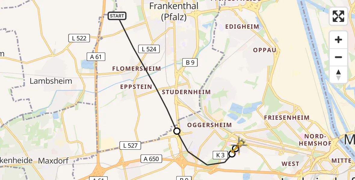 Flugroute Rettungshubschrauber Frankenthal (Pfalz) - Ludwigshafen Accident Hospital, 03 Juli 2026, 11:58