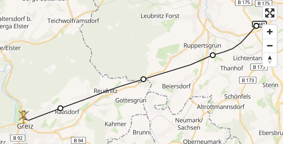 Flugroute Rettungshubschrauber ADAC Air Rescue Station Zwickau Hubschrauberlandeplatz - Greiz, 03 Juli 2026, 12:02