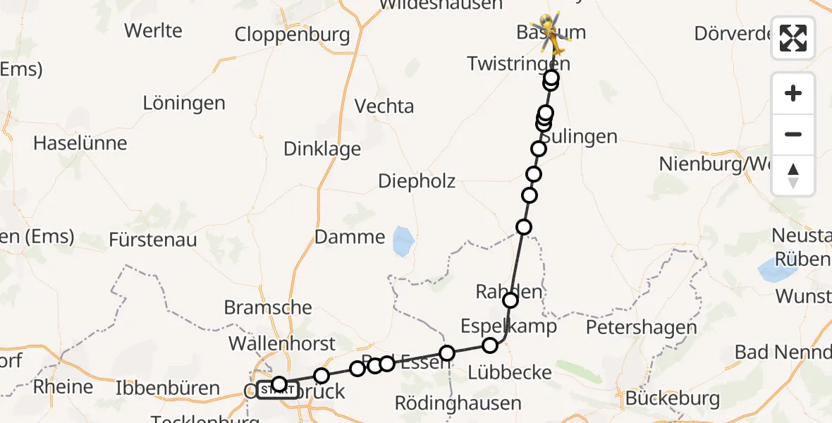 Flugroute Rettungshubschrauber Osnabrück Hospital - Bassum, 03 Juli 2026, 12:09