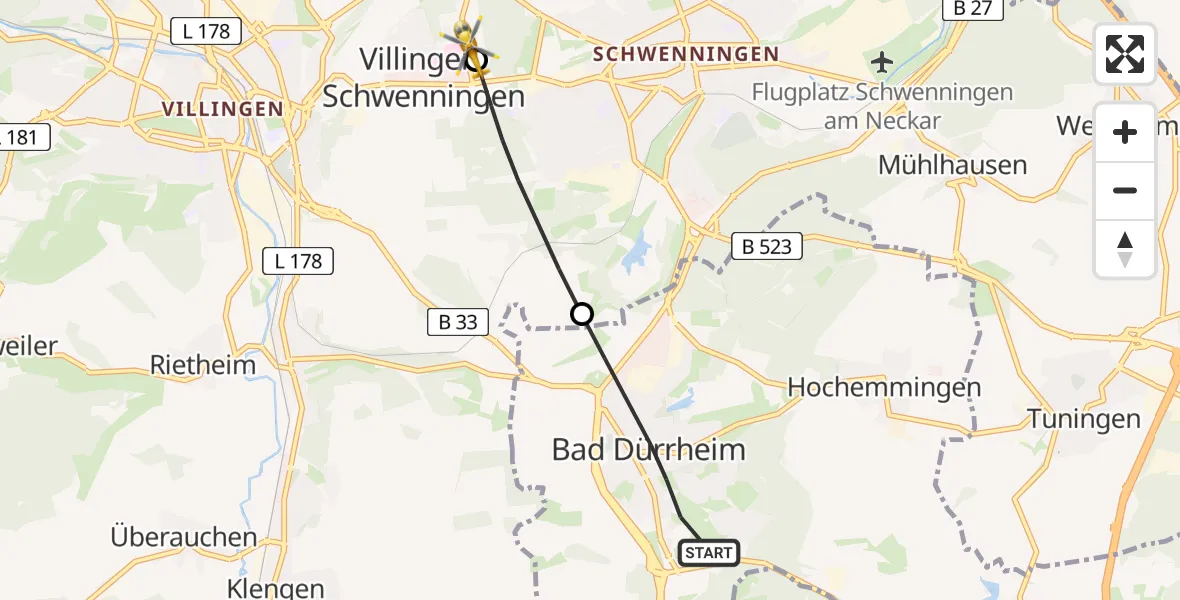 Flugroute Ambulanzhubschrauber Bad Dürrheim - DRF Air Rescue Station Villingen-Schwenningen Hubschrauberlandeplatz (Christoph 11), 03 Juli 2026, 12:09