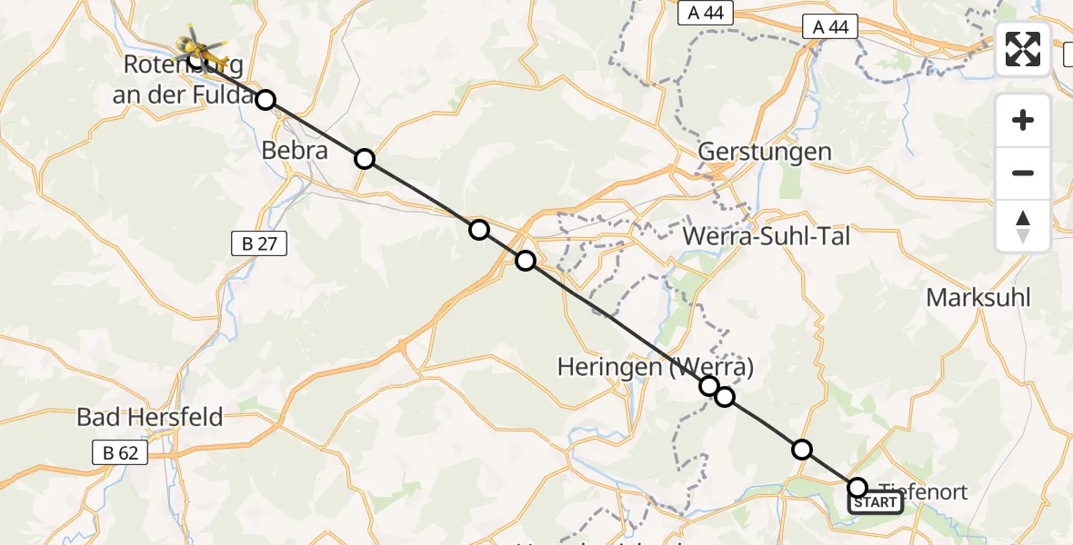 Flugroute Ambulanzhubschrauber Bad Salzungen - Rotenburg an der Fulda Cardiovascular Center Hubschrauberlandeplatz, 03 Juli 2026, 12:11