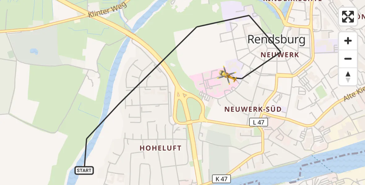 Flugroute Ambulanzhubschrauber Rendsburg - Rendsburg, 03 Juli 2026, 12:12