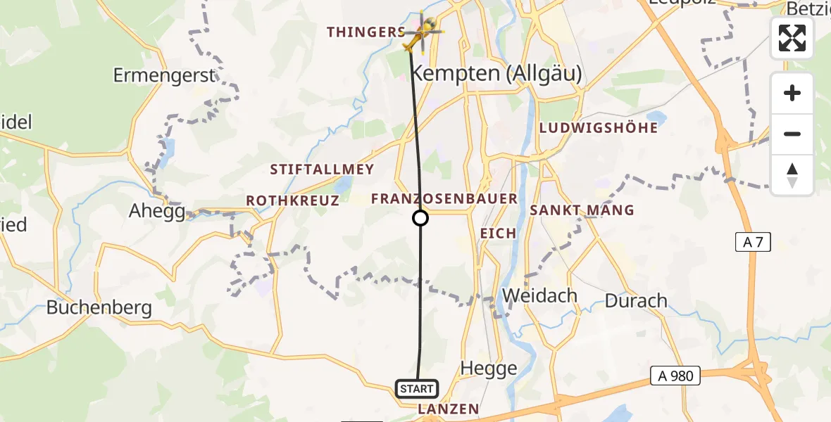Flugroute Rettungshubschrauber Waltenhofen - Kempten (Allgäu), 03 Juli 2026, 12:12