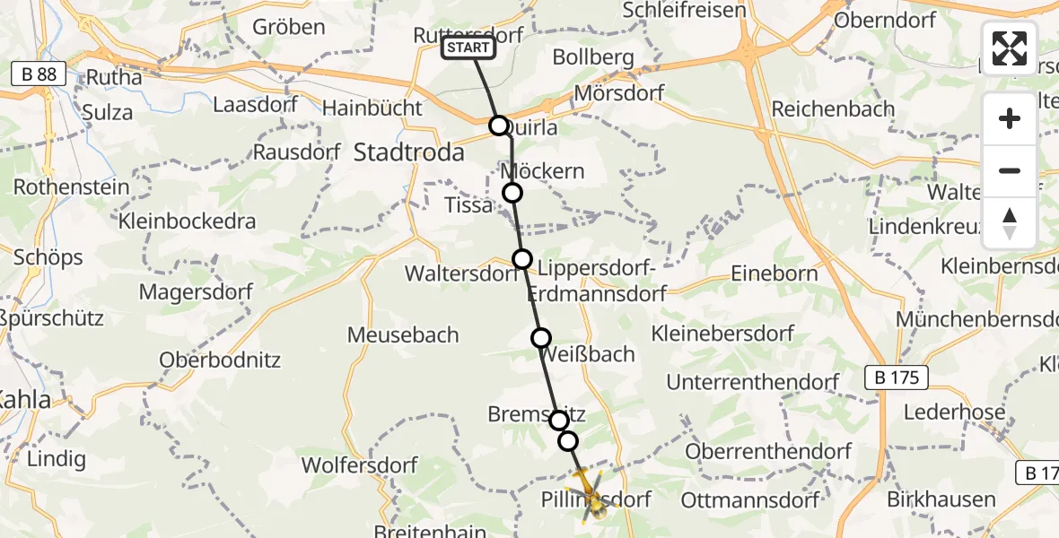 Flugroute Rettungshubschrauber Ruttersdorf-Lotschen - Triptis, 03 Juli 2026, 12:17