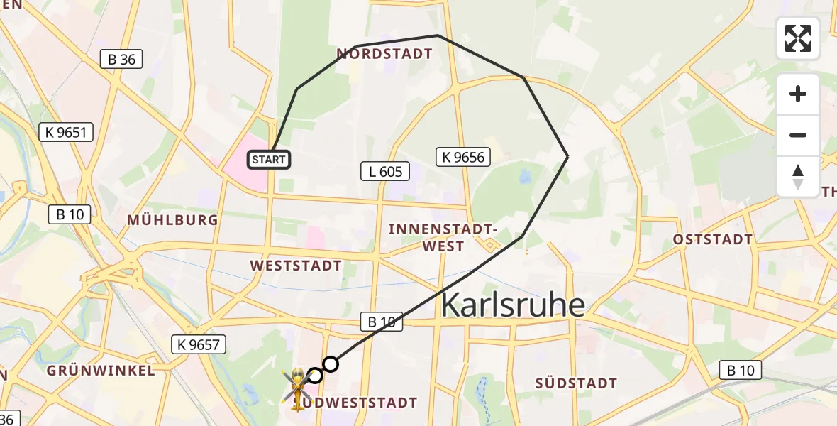 Flugroute Ambulanzhubschrauber Karlsruhe - Sankt Vincentius Hospital, 03 Juli 2026, 12:20