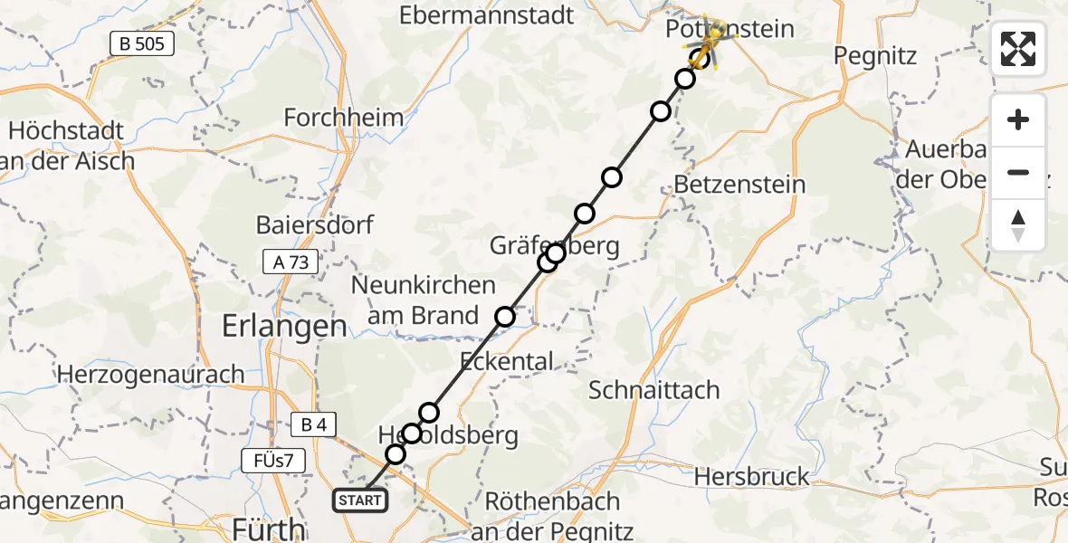 Flugroute Ambulanzhubschrauber Flughafen Nuremberg - Pottenstein, 03 Juli 2026, 12:20