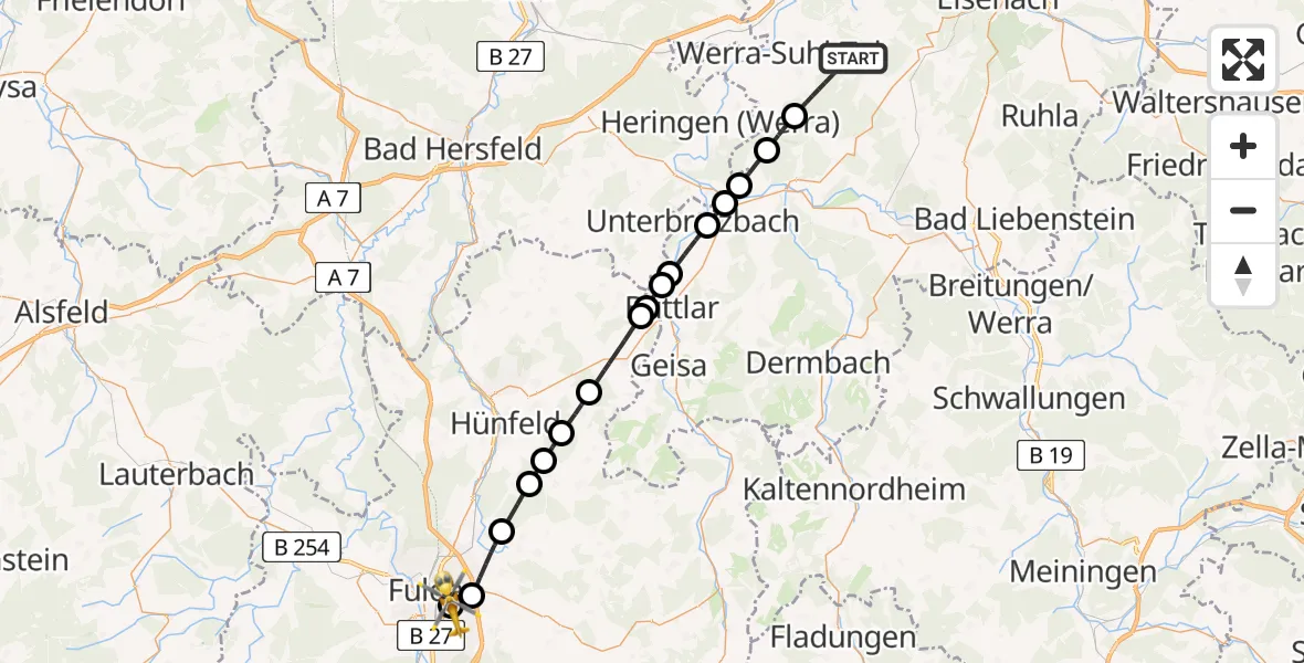 Flugroute Rettungshubschrauber Werra-Suhl-Tal - Fulda Hospital Hubschrauberlandeplatz, 03 Juli 2026, 12:25