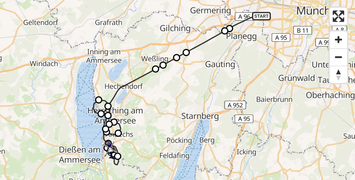 Flugroute Polizeihubschrauber Gräfelfing - Andechs, 03 Juli 2026, 12:28