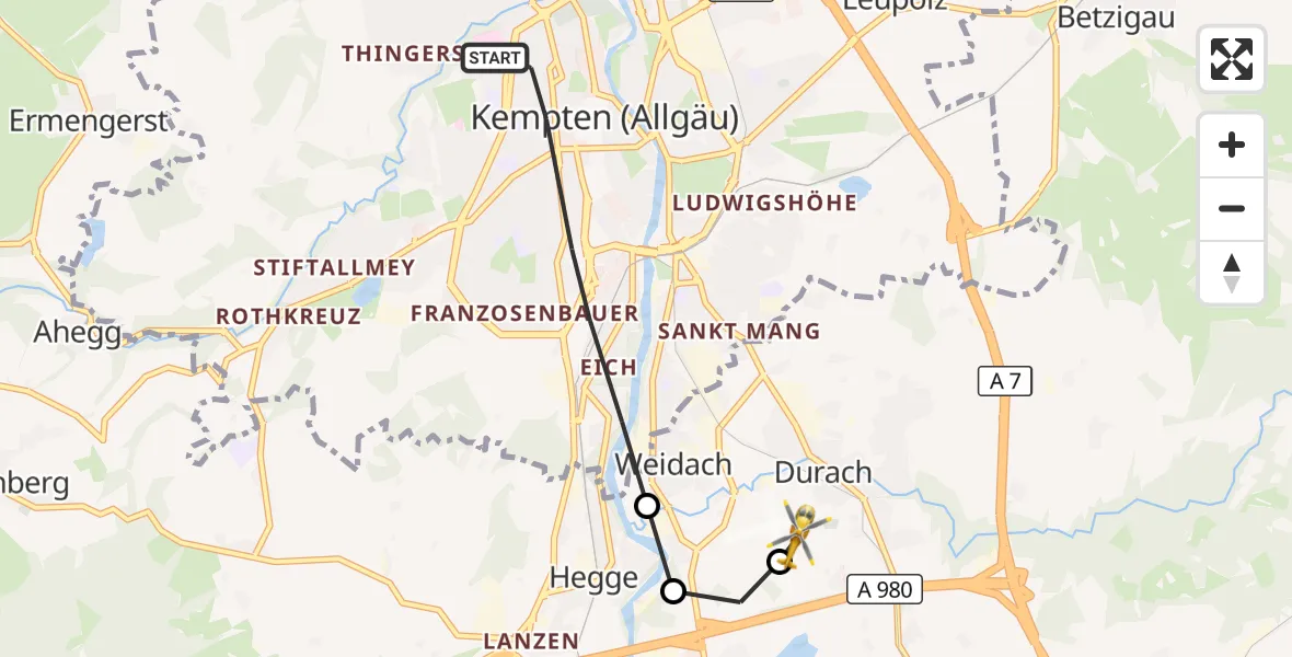 Flugroute Rettungshubschrauber Kempten (Allgäu) - Kempten-Durach Flugplatz, 03 Juli 2026, 12:33