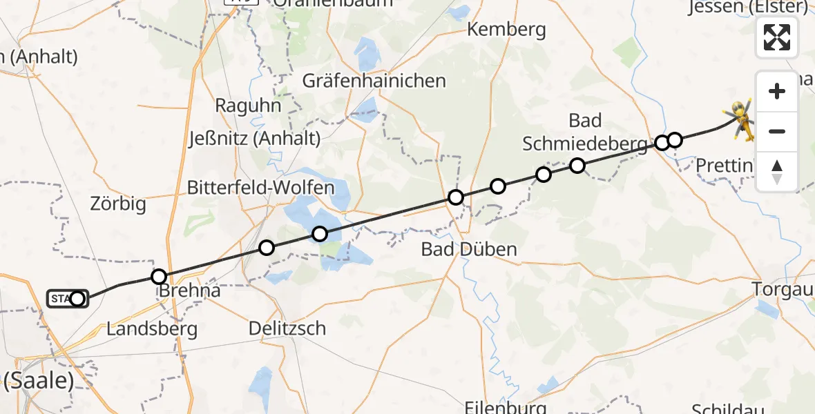 Flugroute Rettungshubschrauber Halle-Oppin Flugplatz - Annaburg, 03 Juli 2026, 12:33
