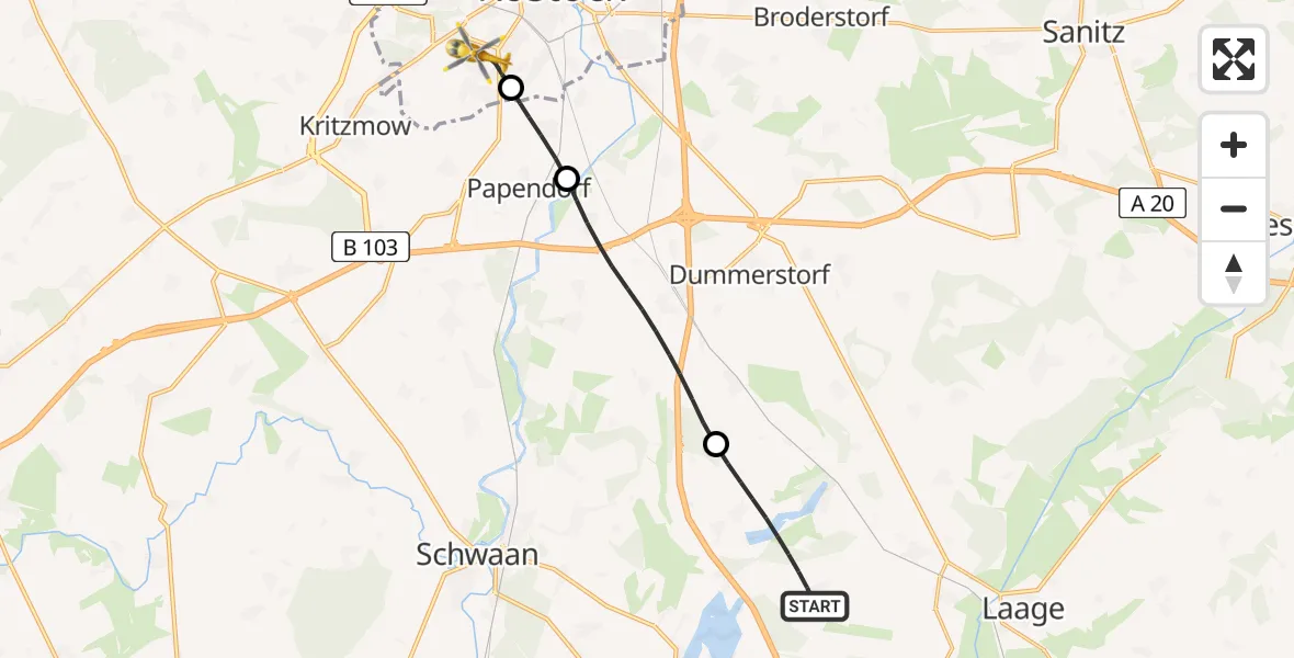 Flugroute Rettungshubschrauber Dolgen am See - Rostock, 03 Juli 2026, 12:34